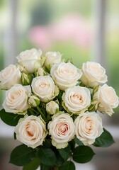 Delicate spray roses arrangement with soft pastel backdrop in daylight