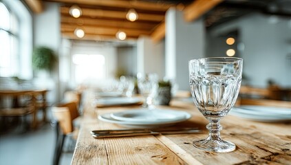 A clear, faceted drinking glass sits on a rustic wooden table, set for a meal in a modern dining area.
