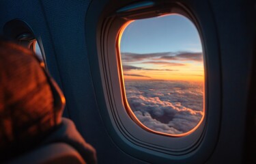 Airplane window view of a sunset