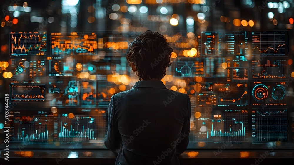 Poster a professional observing a wall of glowing digital screens filled with complex data analytics and ch