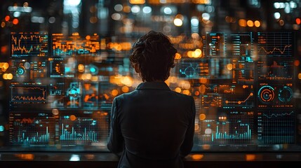 A professional observing a wall of glowing digital screens filled with complex data analytics and charts