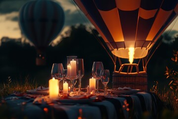 Obraz premium Romantic evening picnic with hot air balloons at sunset