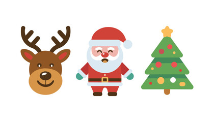 Cartoon reindeer, Santa Claus, and Christmas tree icons on a white background holiday