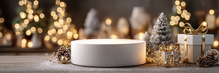 Elegant holiday display featuring a round podium surrounded by festive decorations and twinkling lights in a cozy setting