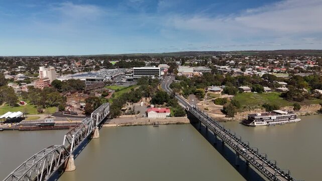 Murray Bridge City, South Australia: 4K Aerial Drone Footage of Murray River, Road Bridge, Railway Bridge, Low Density Houses with Solar Panels, Estates, Shops, Parks, City CBD, Scenic River Landscape