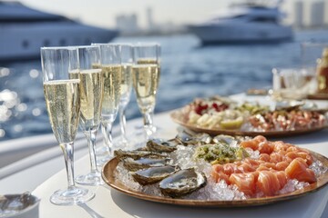 Champagne and seafood platter on a boat
