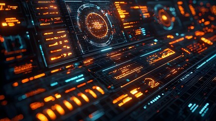 Futuristic digital dashboard displaying complex data analytics with glowing orange and blue interfaces representing advanced technology and