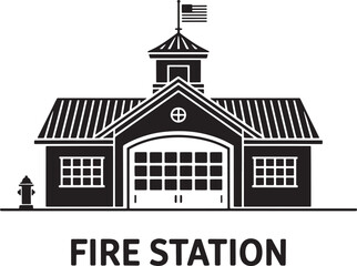 Fototapeta premium Silhouette Vector Illustration of a Fire Station with American Flag and Hydrant Design