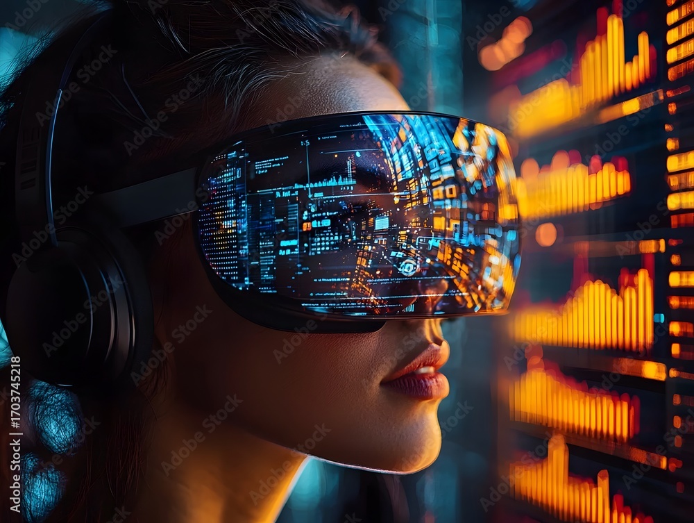 Aufkleber close up of a woman wearing advanced augmented reality goggles visualizing digital data streams and 