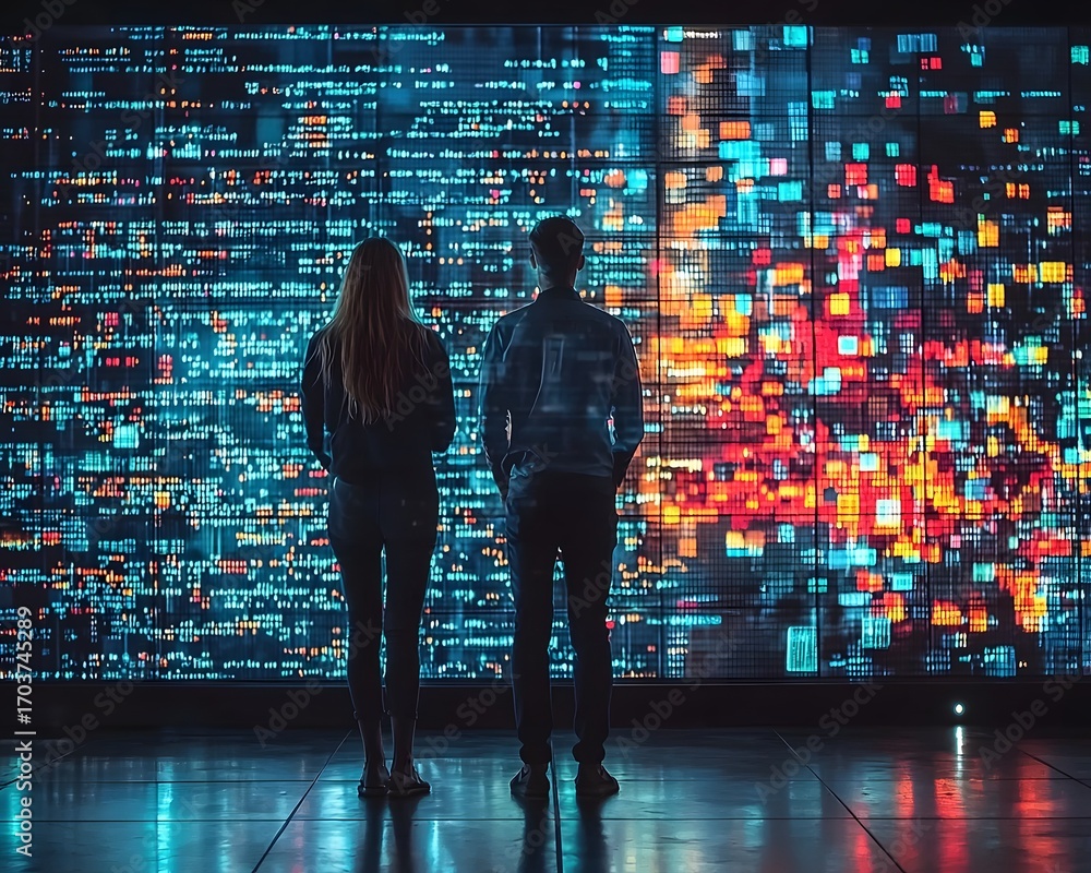 Aufkleber two people observe a massive illuminated digital screen filled with colorful data and abstract patte
