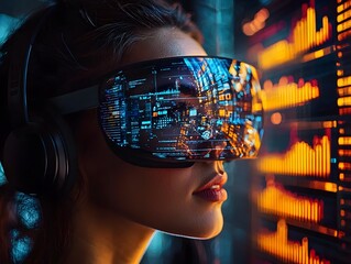 Close up of a woman wearing advanced augmented reality goggles visualizing digital data streams and market trends
