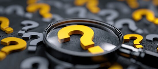 Magnifying glass focusing on a yellow question mark amidst many grey and yellow question marks on a dark surface