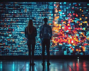 Two people observe a massive illuminated digital screen filled with colorful data and abstract patterns