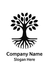 Fototapeta premium Elegant minimalist black tree logo, showcasing a full, lush leaf canopy and deep, interconnected roots, symbolizing growth, stability, nature, strong foundations, sustainability, and life. This versat