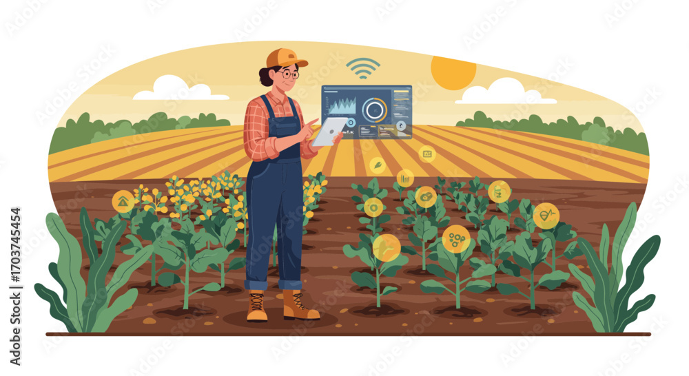Wall mural farmer using tablet in field with digital display, monitoring crop data and growth analytics. concep