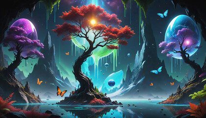 Fototapeta premium An abstract, colorful undersea world of fantasy with a magic lamp, fish, and coral reef bathed in tropical sunlight