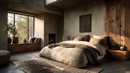 Cozy Modern Bedroom with Natural Elements and Warm Ambiance