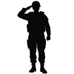 Silhouette of Soldier Standing Giving Salute Wearing Military Gear and Helmet