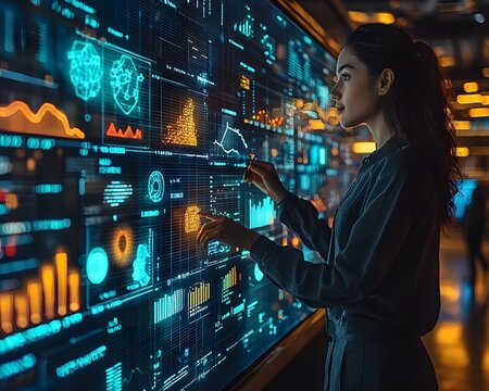 Professional woman analyzing complex data on a large futuristic interactive holographic screen
