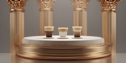Gold Columns Showcase Three Coffee Drinks on a Round Pedestal