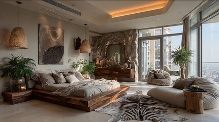Modern Cozy Interior with Natural Elements and Panoramic View