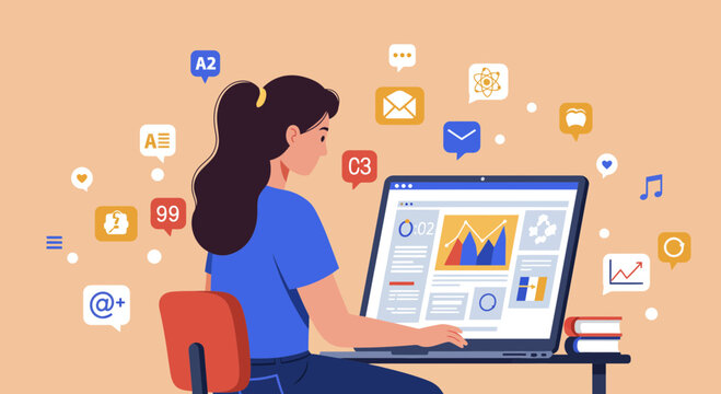 A woman working on a laptop surrounded by social media icons and data charts, concept for online communication, digital marketing and remote working platform - Powered by Adobe