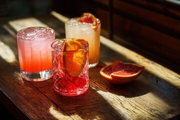 Refreshing cocktails on a wooden table (1)