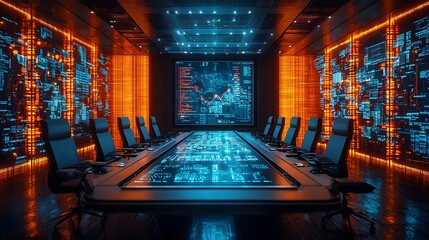 Futuristic high tech boardroom with glowing digital displays for data analysis and strategy meetings