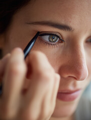 Young italian woman 30 years old drawing eyeliner carefully