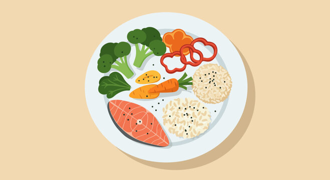Top view plate with salmon, broccoli, rice, carrots and peppers on a light background. Concept for healthy diet, balanced meal planning and nutritional guidance