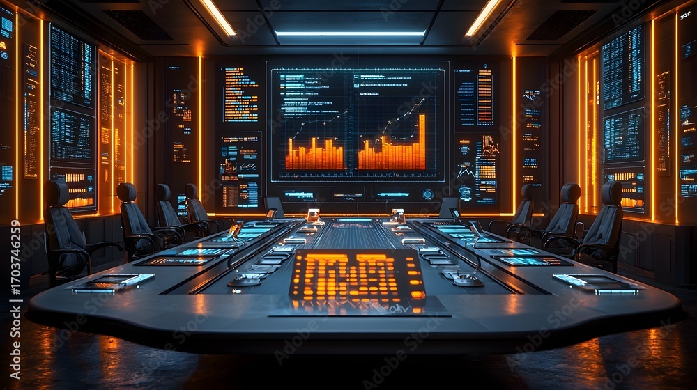 Aufkleber a modern futuristic boardroom filled with glowing screens displaying complex data charts and financi