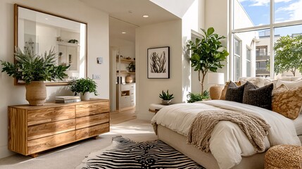 Modern Cozy Bedroom Design with Natural Light and Greenery Accents