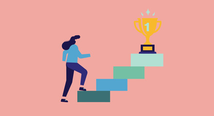 Illustration of a woman climbing stairs towards a golden trophy on a pink background. Concept for career advancement, achieving success and business motivation