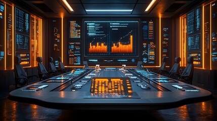 A modern futuristic boardroom filled with glowing screens displaying complex data charts and financial projections for strategic analysis