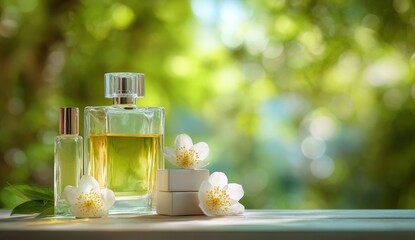 Perfume bottles and jasmine flowers on a light wooden surface, bathed in soft sunlight, set against a blurred background of a green garden