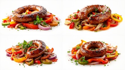 A series of four photographs meat and vegetables background cartoonish movement elements expression frame design backgrounds scene gesture layers figure colorful emotion style composition