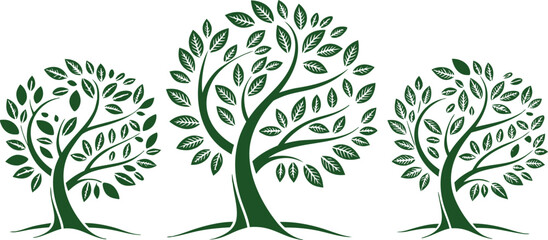 Elegant green tree silhouettes with leaves, friendly nature design for logos, tattoos, and environmental art. Perfect for sustainability, growth, and life-themed projects. Great for forest,