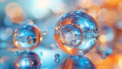 Two translucent spheres, one larger than the other, rest on a reflective surface.  They are surrounded by smaller spheres and bokeh lights, creating a dreamy, abstract image with cool and warm tones