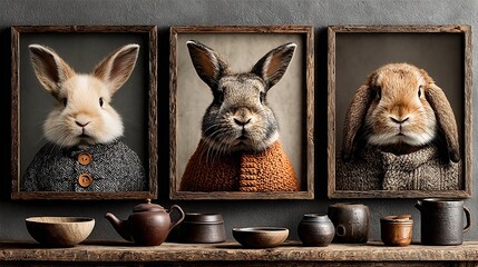 Cozy Rabbits in Sweaters Displayed in Framed Portraits