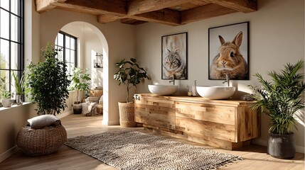 Stylish modern bathroom interior with natural wood accents and art