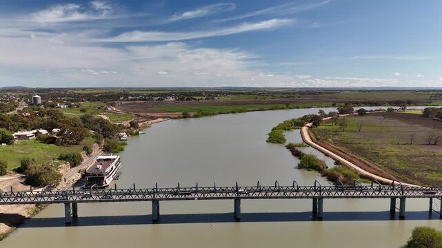 Murray Bridge City, South Australia: 4K Aerial Drone Footage of Murray River, Road Bridge, Railway Bridge, Low Density Houses with Solar Panels, Estates, Shops, Parks, Boats, Scenic River Landscape