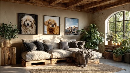 Cozy Living Room with Pet Portraits and Natural Light Decor