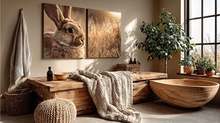 Cozy Interior with Rabbit Artwork and Natural Decor Elements