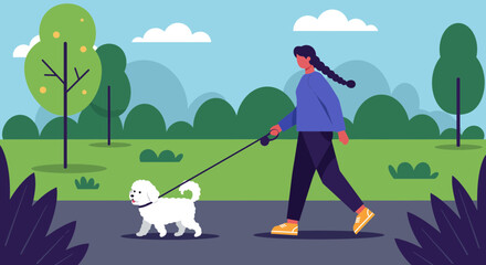 Cartoon style woman walking a white poodle dog on park path with greenery background. Concept for dog care services, outdoor leisure activity and veterinary services