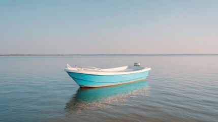 Naklejka premium Tranquil Blue Boat Floating on Calm Water During Sunset, Serene Landscape with Soft Reflections, Peaceful Nature Scene for Relaxation and Inspiration