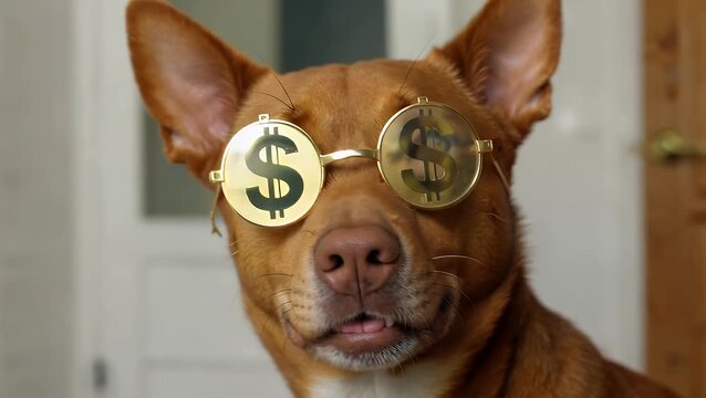 Canine pet accessorized with spectacles featuring currency symbol lenses representing affluence and wealth