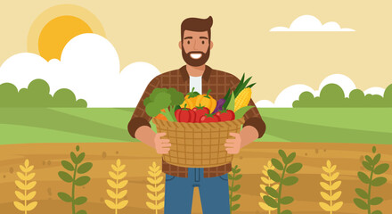 Smiling farmer carrying a basket full of fresh vegetables like broccoli, corn and tomatoes in field. Concept for healthy lifestyle, organic farming and agriculture product promotion
