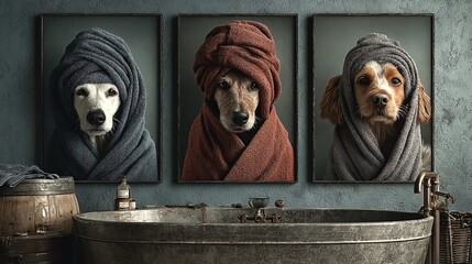 Three Dogs in Cozy Towels Relaxing in a Chic Bathroom Setting