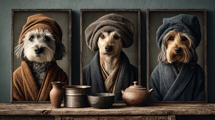 Three Stylish Dogs in Robes Posing Like Portraits in a Gallery