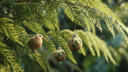 A kiwi bird perched on a fern branch with christmas ornaments hanging among the green foliage outdoors